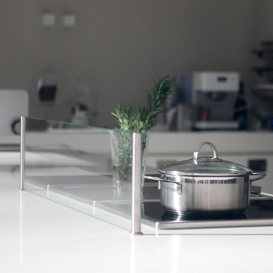 Storage space Splash guard Protect stove island Stainless steel effect with glass top 90cm wide