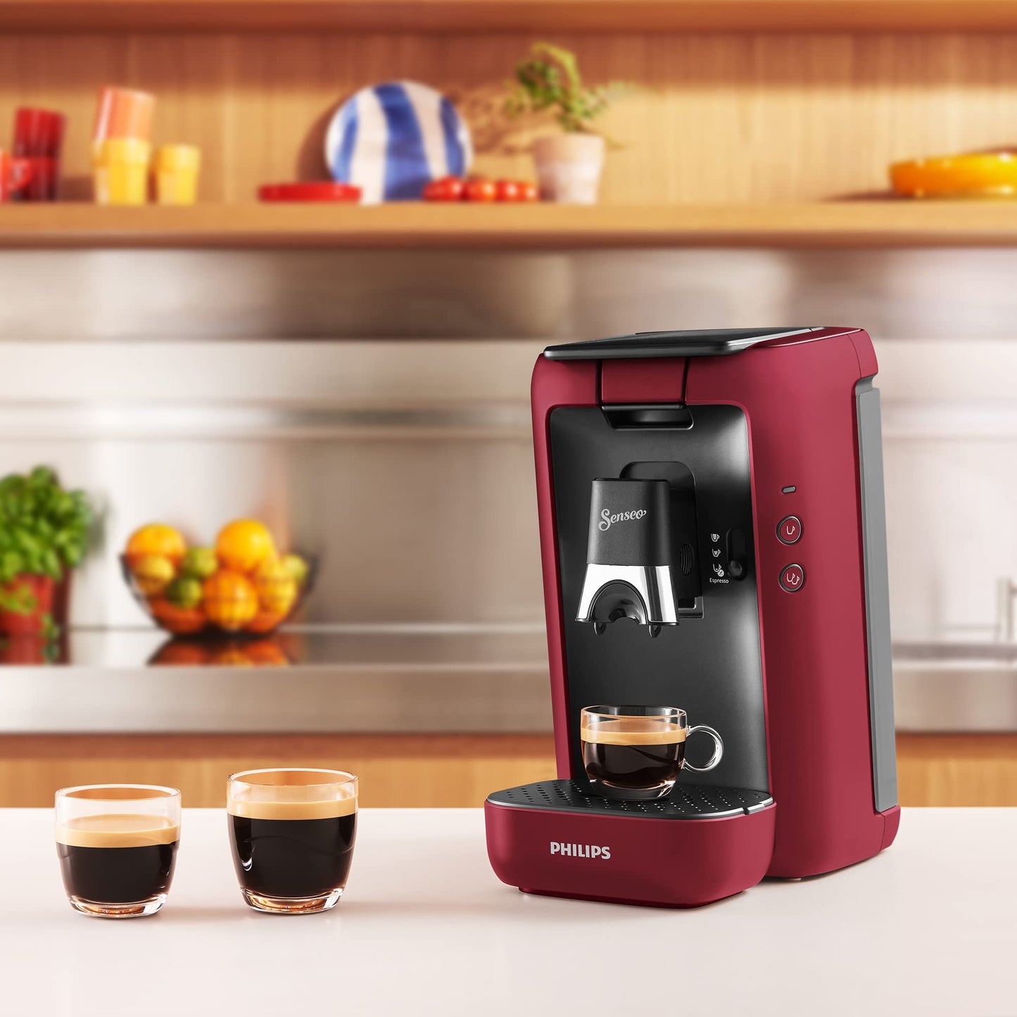 Philips Senseo Maestro coffee pod machine with coffee strength selection, Intense Plus Technology and Memo function, 1.2 liter water tank, made from recycled plastic, color: Red (CSA260/90)