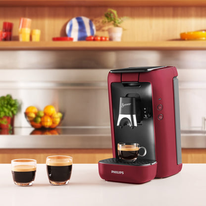 Philips Senseo Maestro coffee pod machine with coffee strength selection, Intense Plus Technology and Memo function, 1.2 liter water tank, made from recycled plastic, color: Red (CSA260/90)