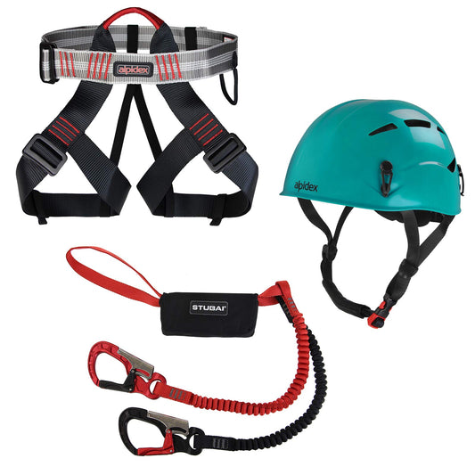 ALPIDEX climbing helmet, climbing harness + Stubai via ferrata set Basic 3.0, Color: Turquoise Green, Size: Harness - Universal size/red Pepper