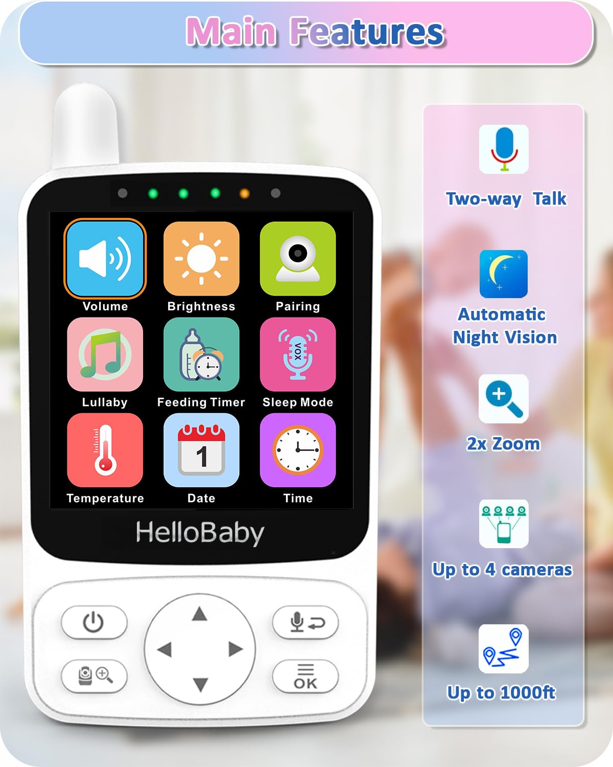 HelloBaby baby monitor with camera, 29 hours battery life, 318°/120° pan-tilt camera, 2x zoom, infrared night vision camera, ECO mode, up to 1000ft range, 2-way audio.