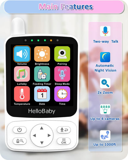 HelloBaby baby monitor with camera, 29 hours battery life, 318°/120° pan-tilt camera, 2x zoom, infrared night vision camera, ECO mode, up to 1000ft range, 2-way audio.
