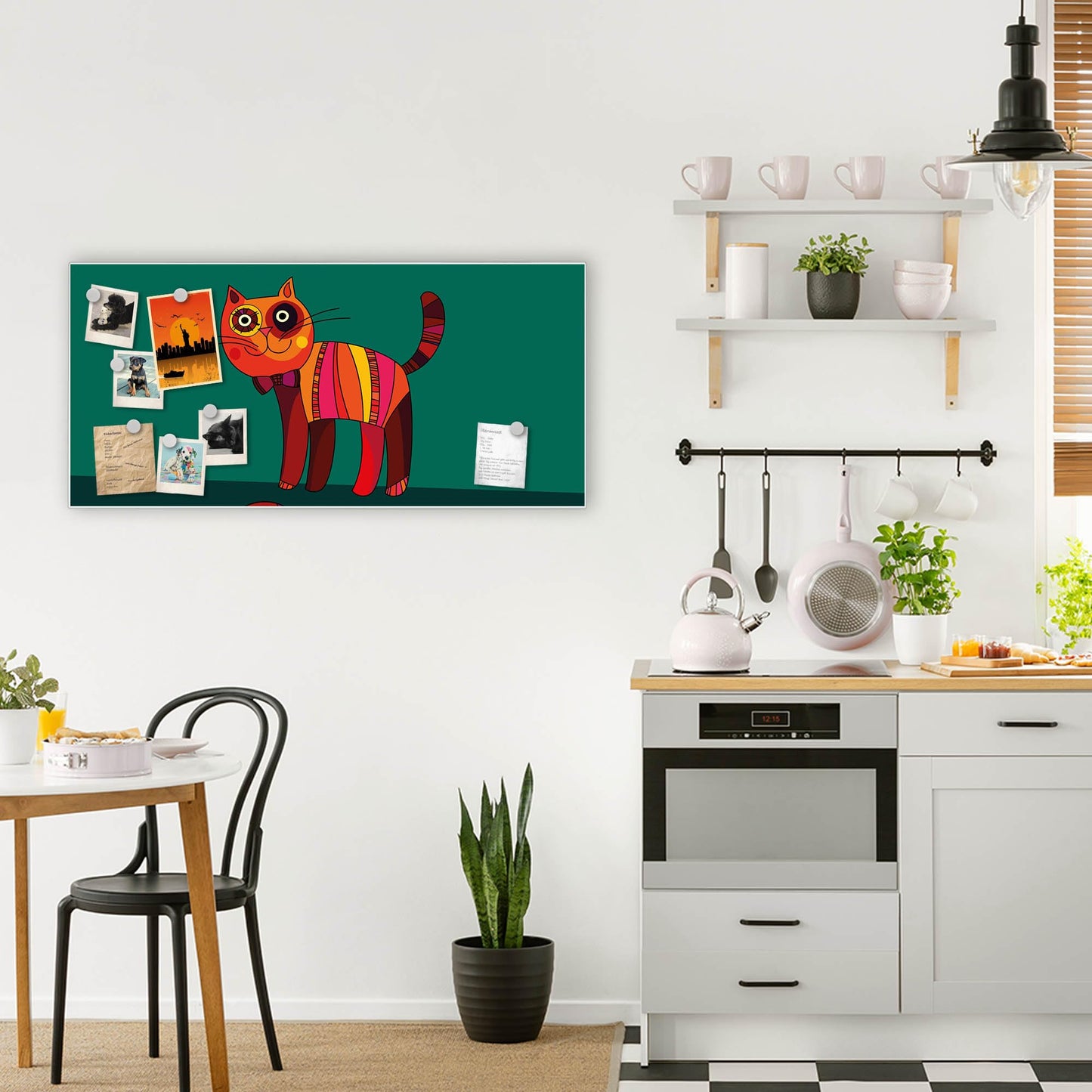 banjado magnetic board white 78 x 37cm / metal magnetic board as memo board/pinboard for kitchen, office, children's room incl. 4 magnets & mounting kit - design orange cat
