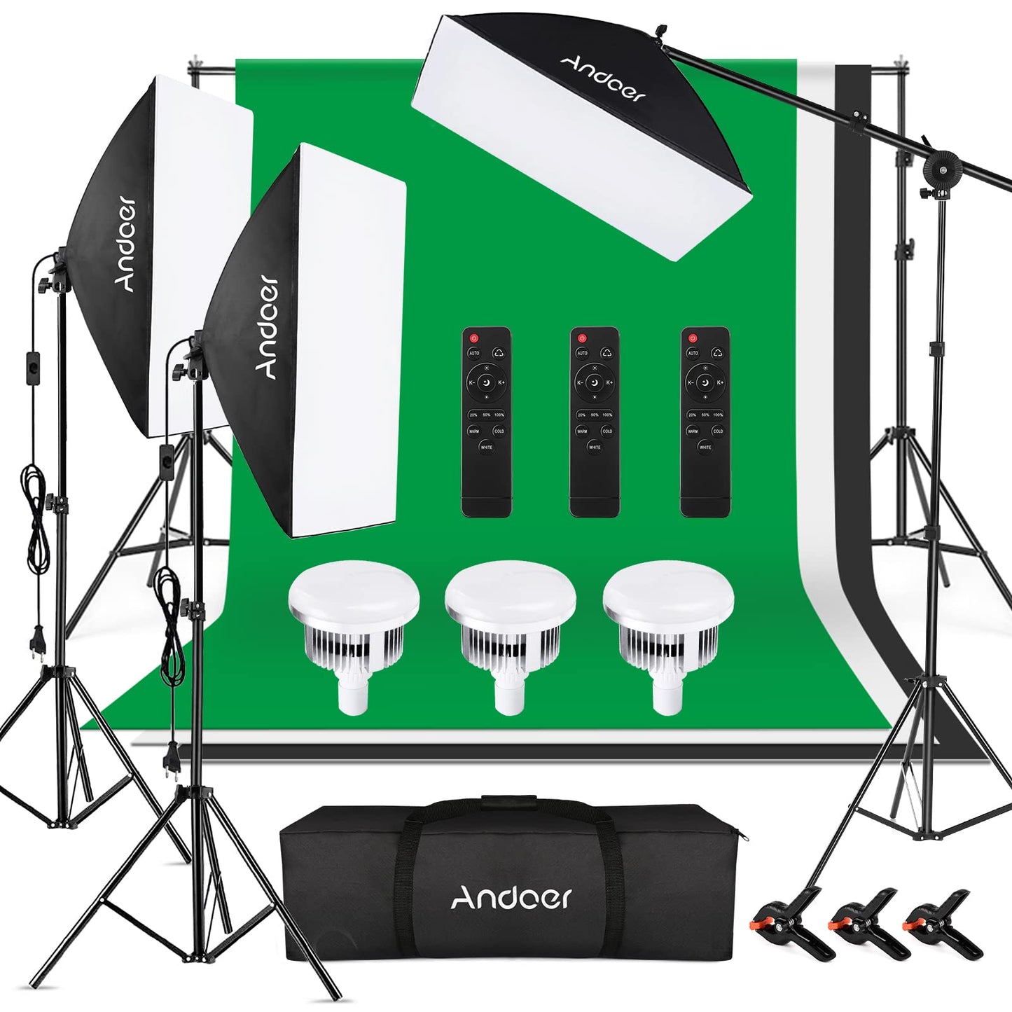 Andoer Softbox Photo Studio Set with Greenscreen, 2 x 3 meters photo studio background system, 3 softboxes, 3 x 85W 2800K-5700K photo lamps for video recording portrait photography.
