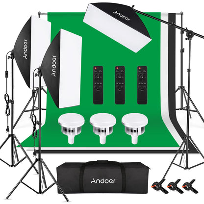 Andoer Softbox Photo Studio Set with Greenscreen, 2 x 3 meters photo studio background system, 3 softboxes, 3 x 85W 2800K-5700K photo lamps for video recording portrait photography.