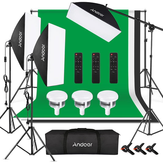 Andoer Softbox Photo Studio Set with Greenscreen, 2 x 3 meters photo studio background system, 3 softboxes, 3 x 85W 2800K-5700K photo lamps for video recording portrait photography.