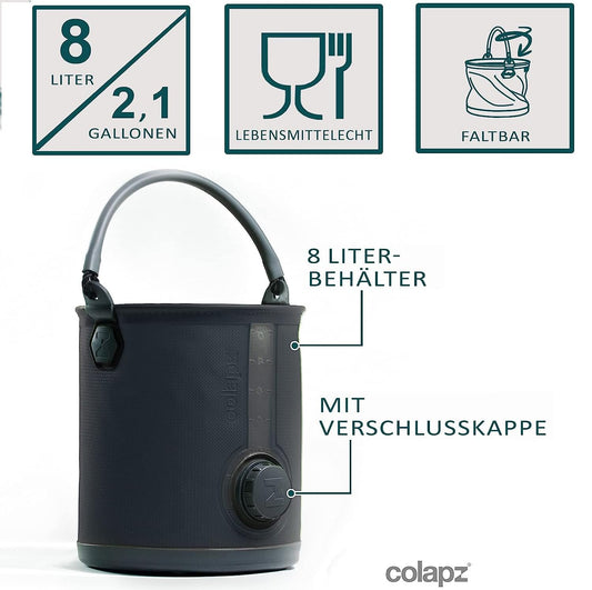 Colapz 2-in-1 Foldable Water Container with Tap - BPA-free drinking water tank & foldable bucket for camping, vanlife, offgrid, festivals & outdoor adventures - Grey