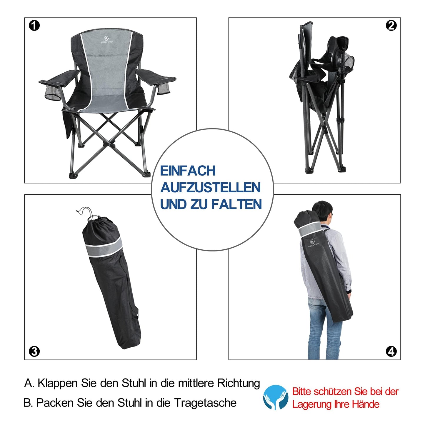 LET'S CAMP Camping Chair Folding Chair Portable Fishing Chair with Drink Holders Storage Pockets Carry Bag Steel Frame up to 160kg for Camping Travel
