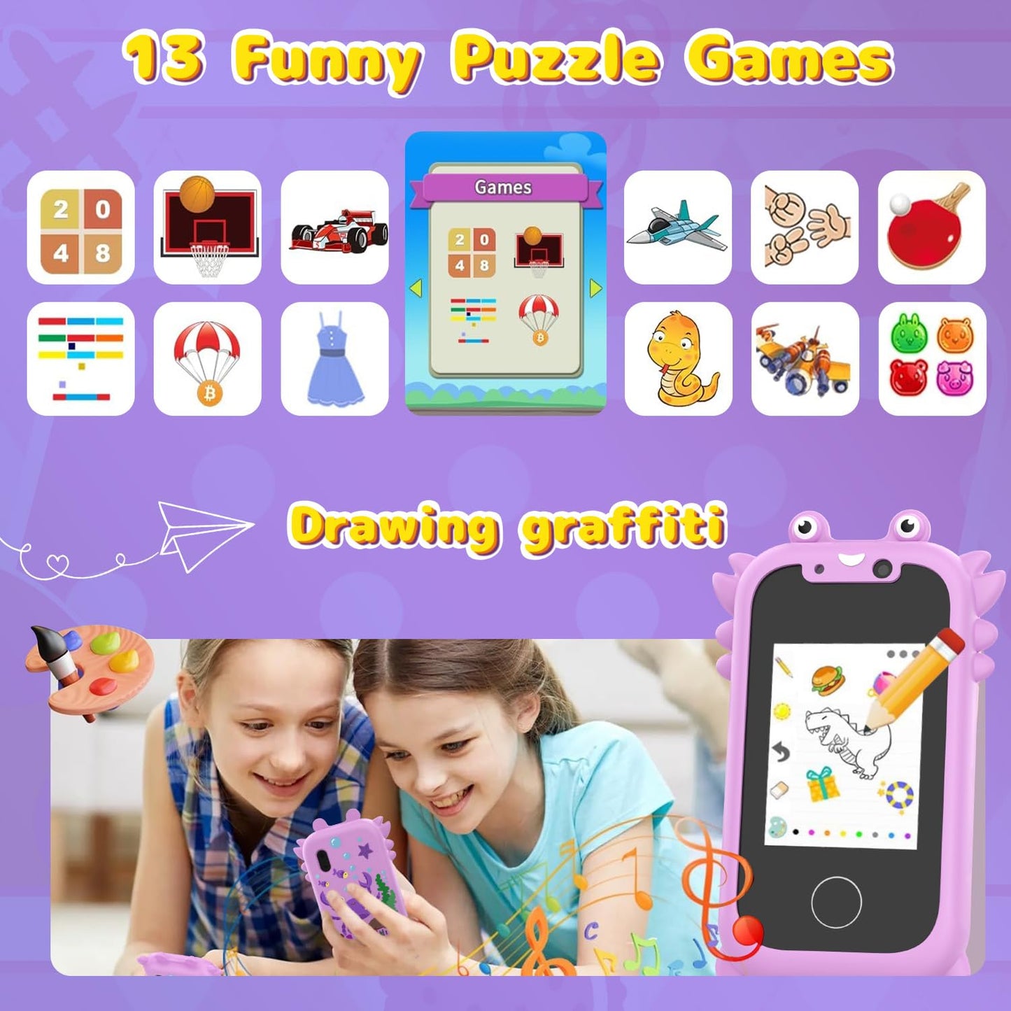Ashfly Children's Mobile Phone, 2.4" Kids Smartphone with Touchscreen, 1080 HD Dual Camera, SD Card, 13 Games, Unicorn Gifts Toy for Kids aged 3-10, Purple.