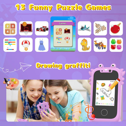 Ashfly Children's Mobile Phone, 2.4" Kids Smartphone with Touchscreen, 1080 HD Dual Camera, SD Card, 13 Games, Unicorn Gifts Toy for Kids aged 3-10, Purple.