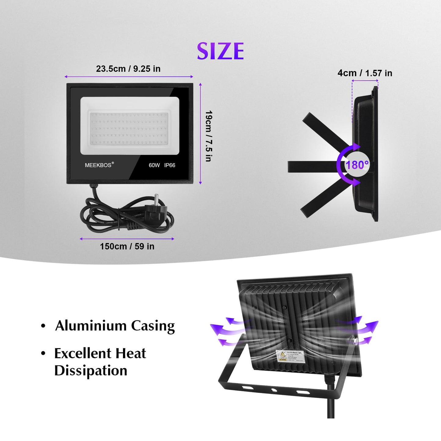 MEEKBOS Blacklight Projector, 2 pack 60W LED Blacklight lamp, IP66 Waterproof Outdoor UV Floodlight with plug, 385-400NM spotlight for Blacklight Party, GLOW, Halloween, Fluorescent Painting.