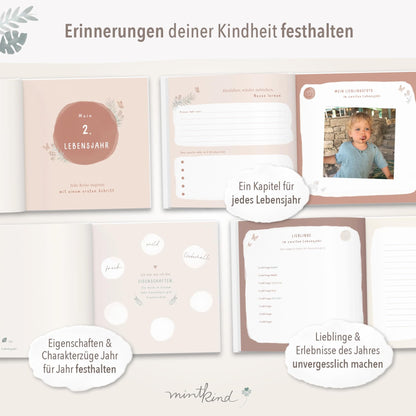mintkind® Childhood Memory Album Beige, Baby Book with Sticker Set, Birth Gift, Children's Photo Album, Diary for Entries, Memory Book 0-10 Years, Hardcover Album