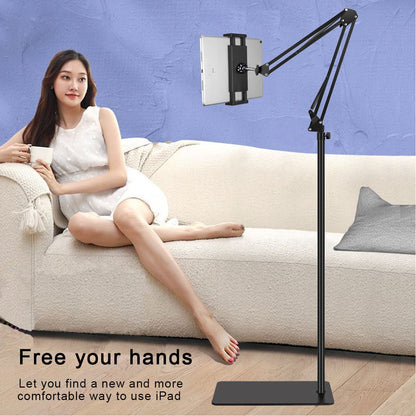 Tablet floor stand, tablet holder with heavy-duty base 【3rd Upgrade】, 360-degree rotatable with stable metal arm for iPads, tablets, phones, or other devices with 4.7 to 13-inch screens.
