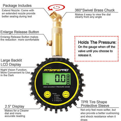 ATsafepro Digital Tire Pressure Gauge, Air Pressure Gauge 200 PSI for car, truck, SUV, motorcycle, digital tire pressure gauge certified ANSI B40.1, accurate and LCD with backlight.