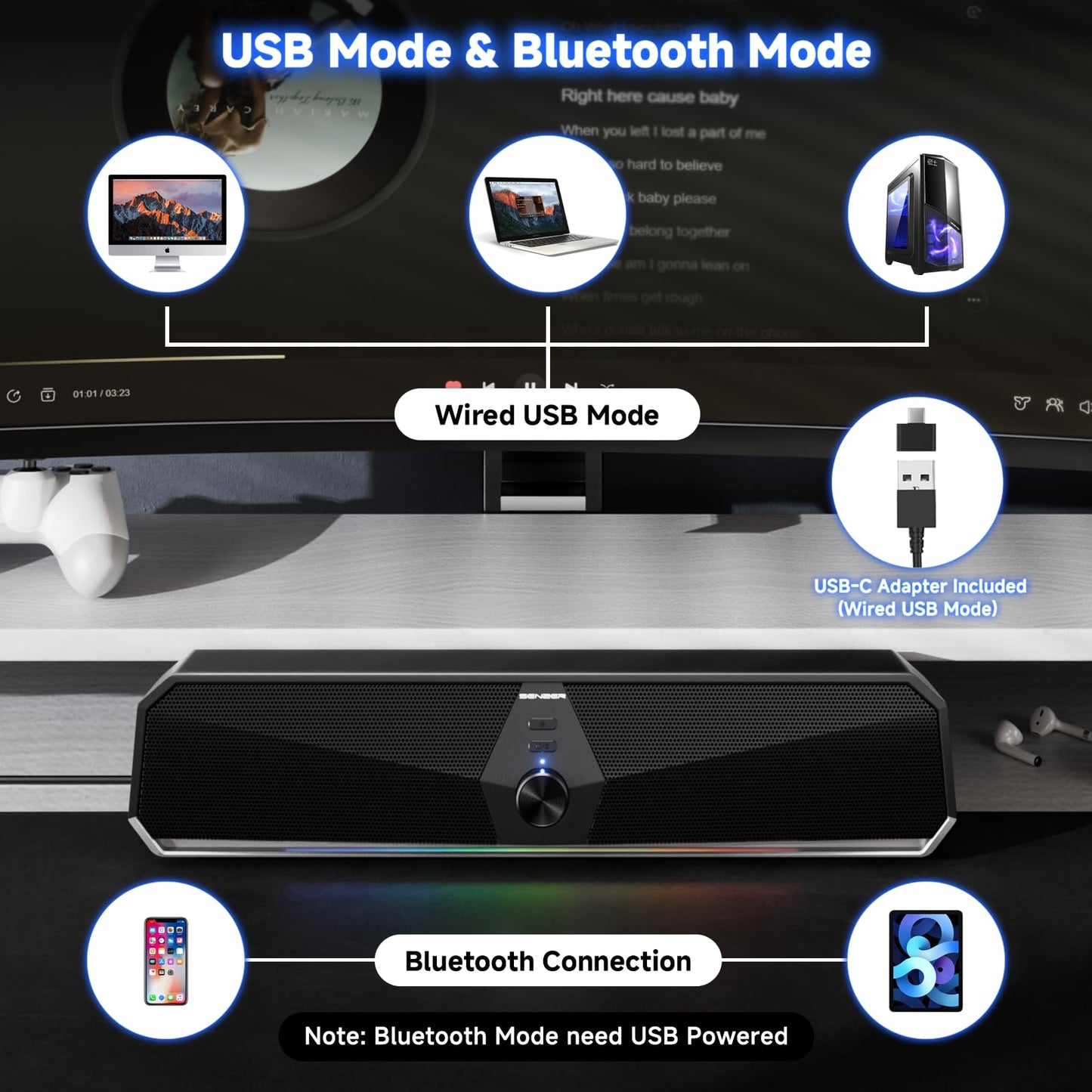 SENZER CS30 PC speakers, speakers for PC computer, black PC soundbar, USB powered, and Bluetooth mode for smartphones and mobile devices. Works for PC (not 3.5mm jack).
