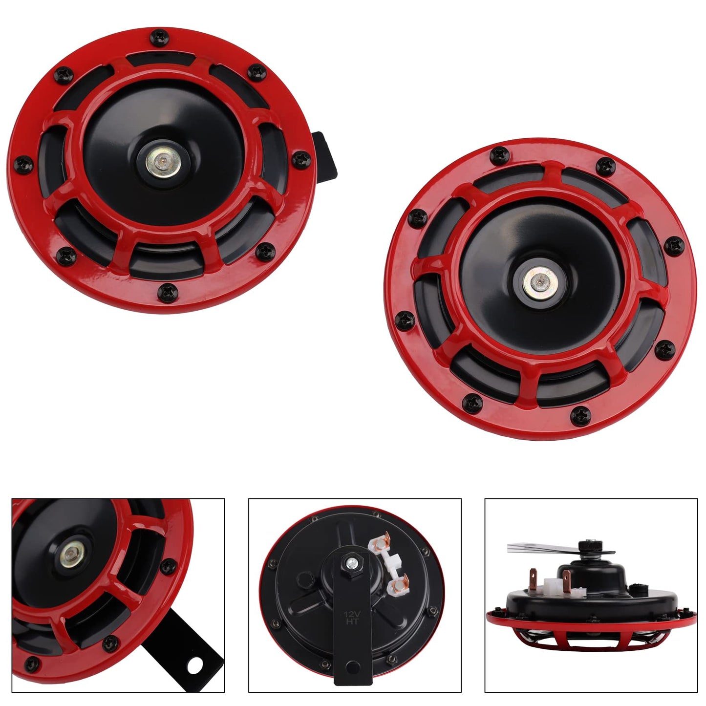 Car horn 12 volt high/low tone dual horn kit with red protective grille. Metal twin horns kit for car motorcycle, red set high/low tone.
