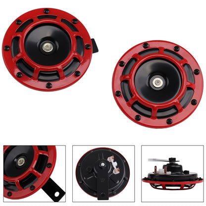 Car horn 12 volt high/low tone dual horn kit with red protective grille. Metal twin horns kit for car motorcycle, red set high/low tone.