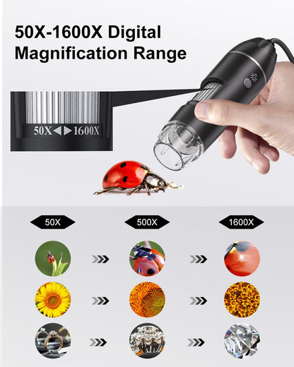 USB Microscope Digital, AOPICK 1440P microscope for iPhone Android, 10 to 200X digital microscope with 8 LED & stand HD Mobile Microscope Compatible with iOS, Android, Tablet