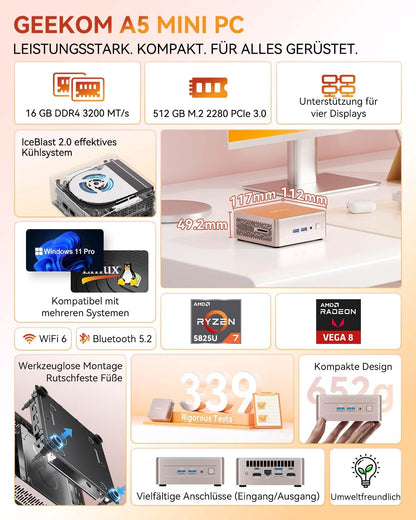 GEEKOM Mini PC A5 with AMD Ryzen 7 5825U (Stronger than 7430U) | 2.5G LAN | Intel NUC Mini PC Windows 11 Pro | 16GB DDR4 + 512GB SSD | WiFi 6 & USB-C Mini Computer for Gaming & Office [3-Year Warranty]