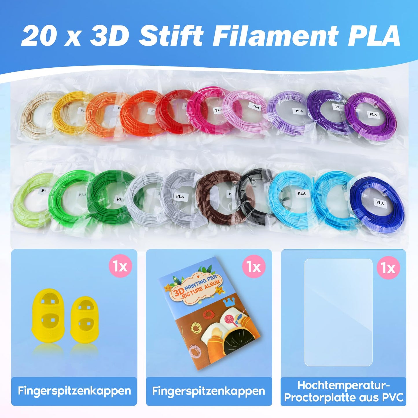 AFXXE 3D Pen filament PLA, 20 colors, 10m each - 3D Pen Filament 1.75mm with templates set for kids & adults, 3D Pen accessory filament with stencils for ODRVM, Tecboss, Lovebay, 3D printer Pen.