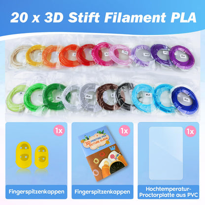 AFXXE 3D Pen filament PLA, 20 colors, 10m each - 3D Pen Filament 1.75mm with templates set for kids & adults, 3D Pen accessory filament with stencils for ODRVM, Tecboss, Lovebay, 3D printer Pen.