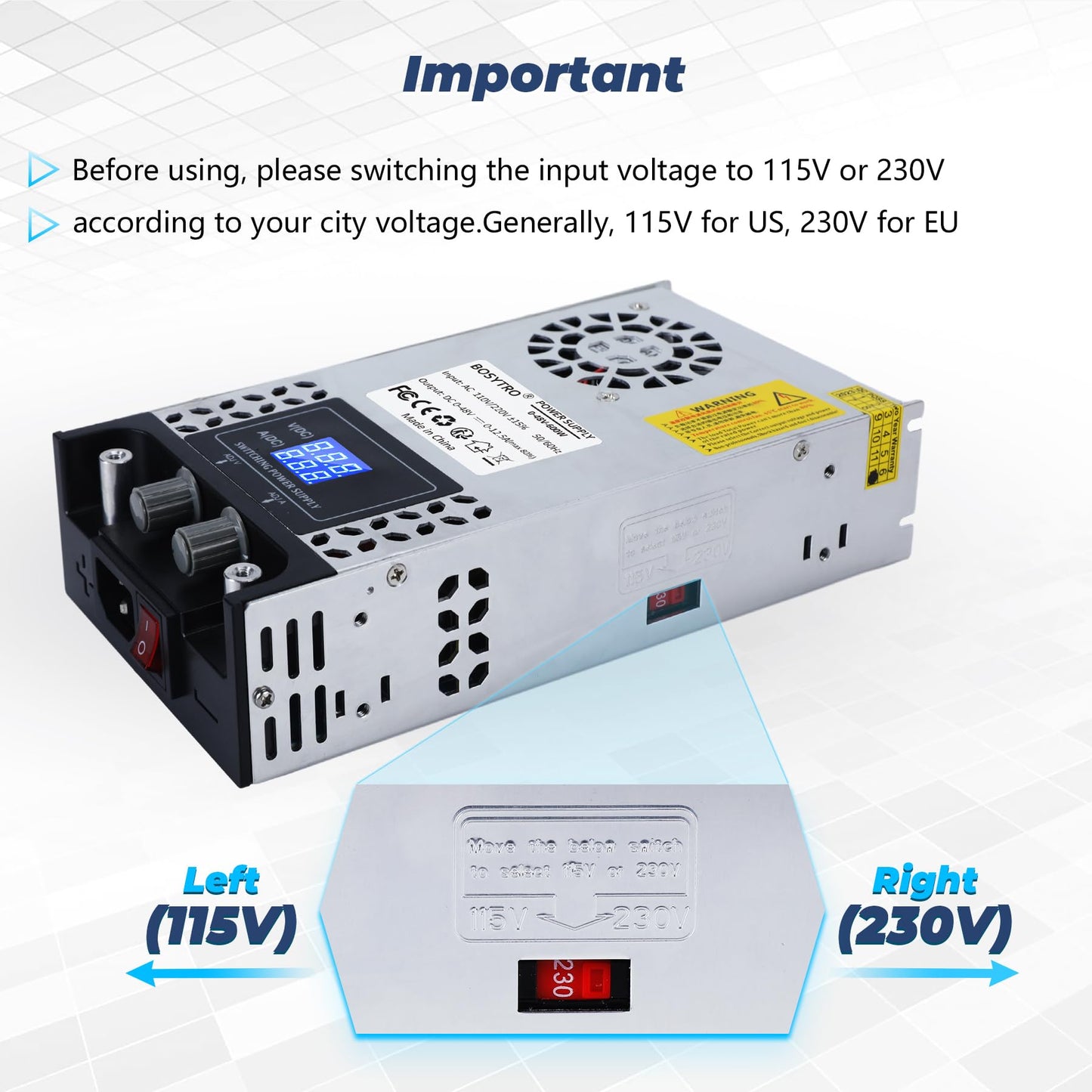 BOSYTRO Adjustable Power Supply 0-48V 0-12.5A 600W Switching Power Supply Transformer Power Supply 230v to 48v SMPS for LED strips, CCTV, 3D printers, radio, camera, lab power supply.