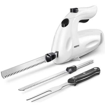 Reemix Electric Knife Kitchen Electric Knife for Meat Electric Kitchen Knife for Frozen Food, usable blade length 15 cm, stainless steel knife blades with fine and coarse serration (Pearl White)