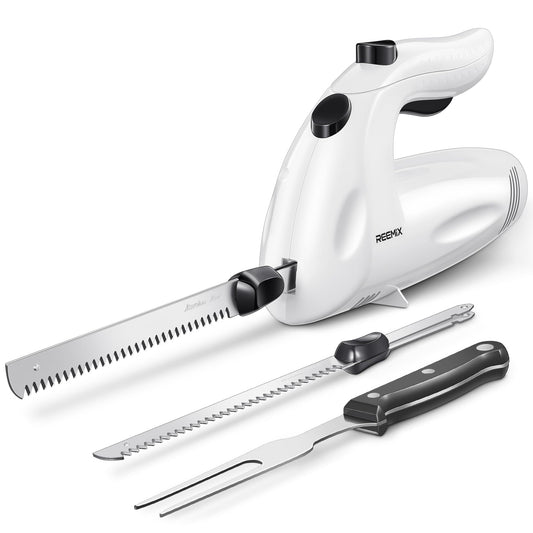 Reemix Electric Knife Kitchen Electric Knife for Meat Electric Kitchen Knife for Frozen Food, usable blade length 15 cm, stainless steel knife blades with fine and coarse serration (Pearl White)