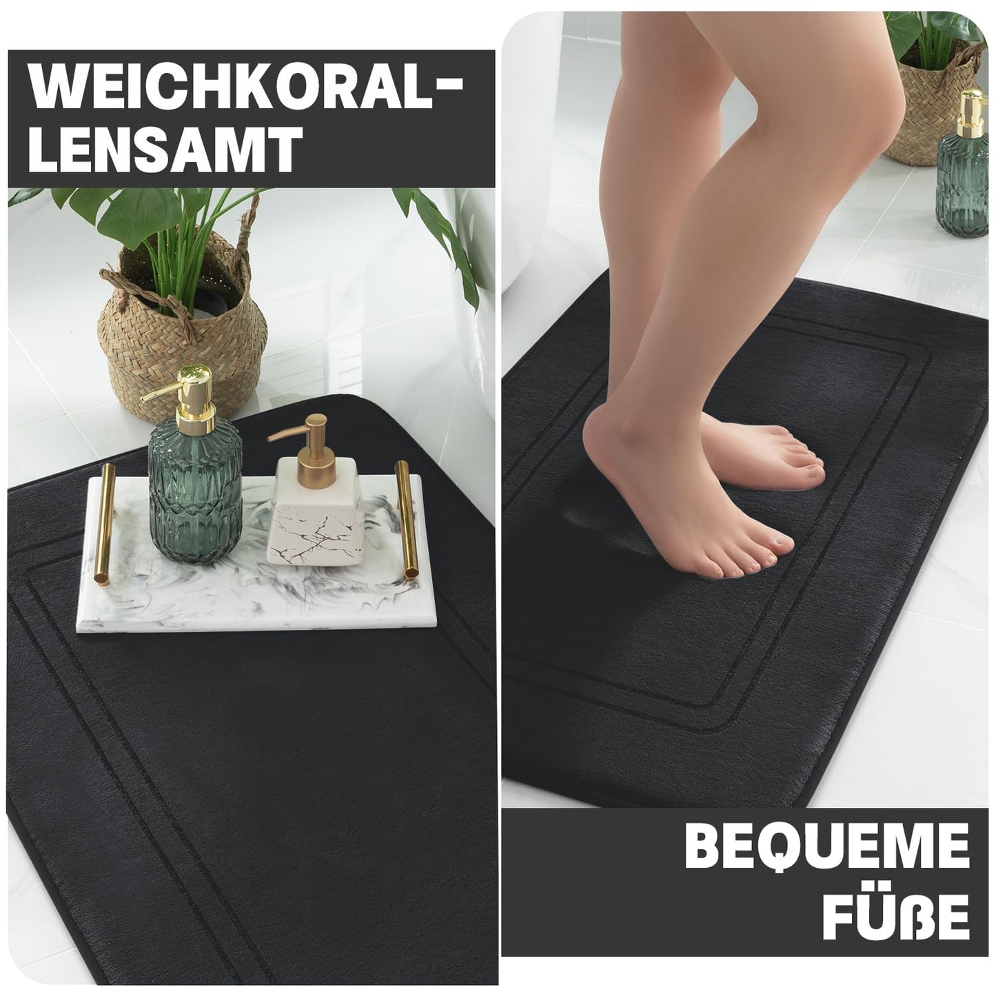 Bathroom Rug Set 5 Pieces, Soft Memory Foam Bath Mat Non-Slip Washable, Bathroom Rugs Set for Toilet Shower and Bathtub Black