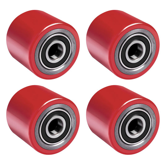 4 pieces of pallet truck wheels Polyurethane 80 x 70 mm, axle 20 mm incl. ball bearings. Wheels for pallet trucks replacement wheels, Max. load 600 KG.