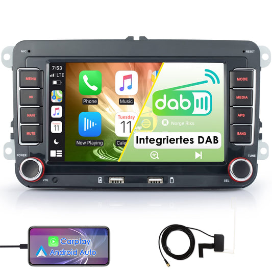 iFreGo 7 inch Android car stereo with built-in DAB+ and Carplay, 2 Din Car Radio for VW Golf, Skoda, Seat. Features Bluetooth, FM Radio, USB, reverse camera, WiFi, steering wheel control, and 7-color lighting.