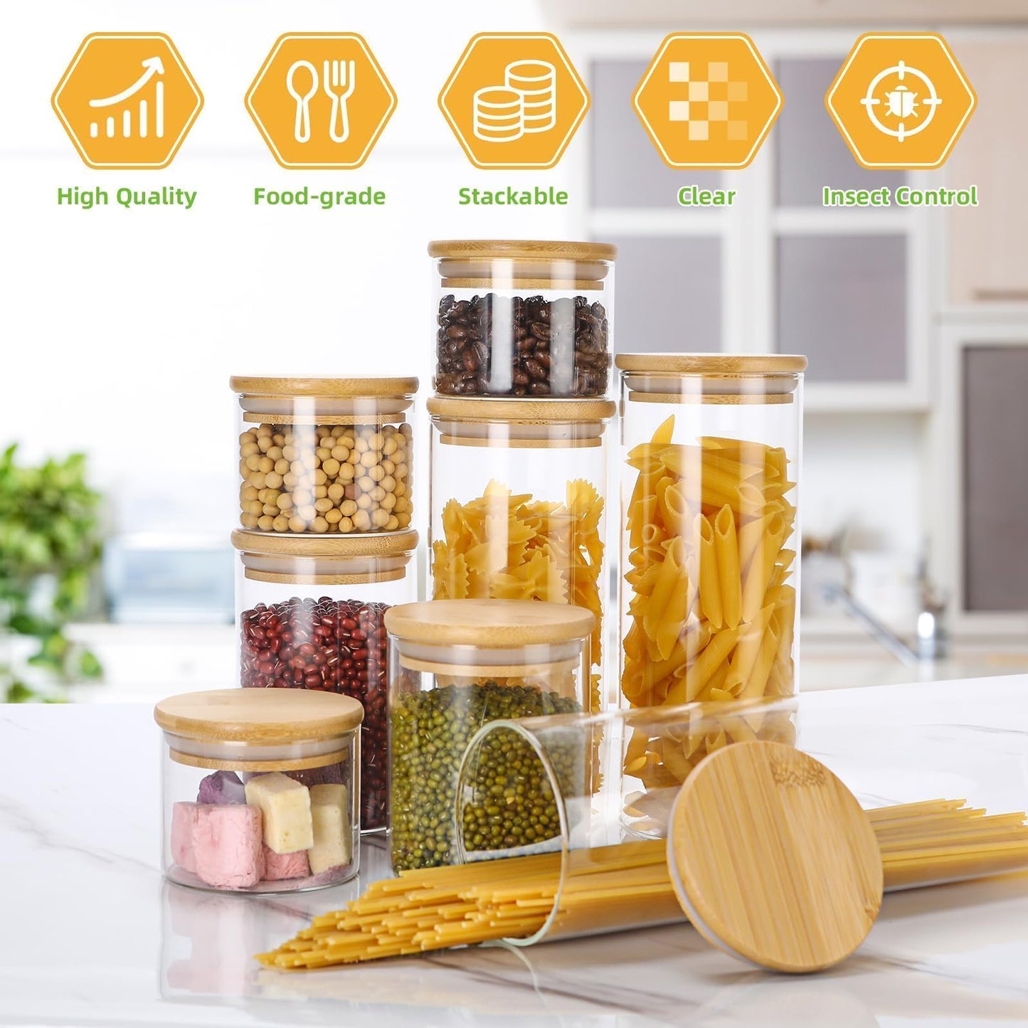 Lannvan glass storage jars with lids, 8-piece set, airtight glass storage containers with wooden lids for coffee beans, grains, nuts, flour, pasta, and spaghetti storage.