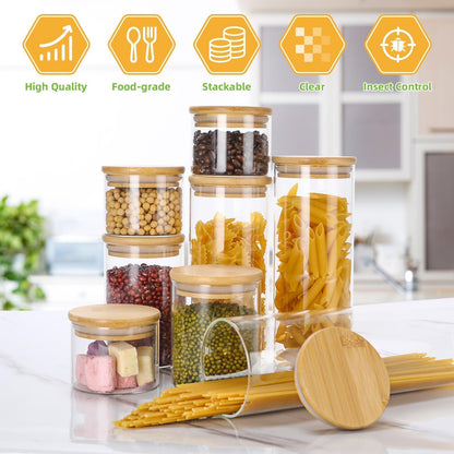 Lannvan glass storage jars with lids, 8-piece set, airtight glass storage containers with wooden lids for coffee beans, grains, nuts, flour, pasta, and spaghetti storage.