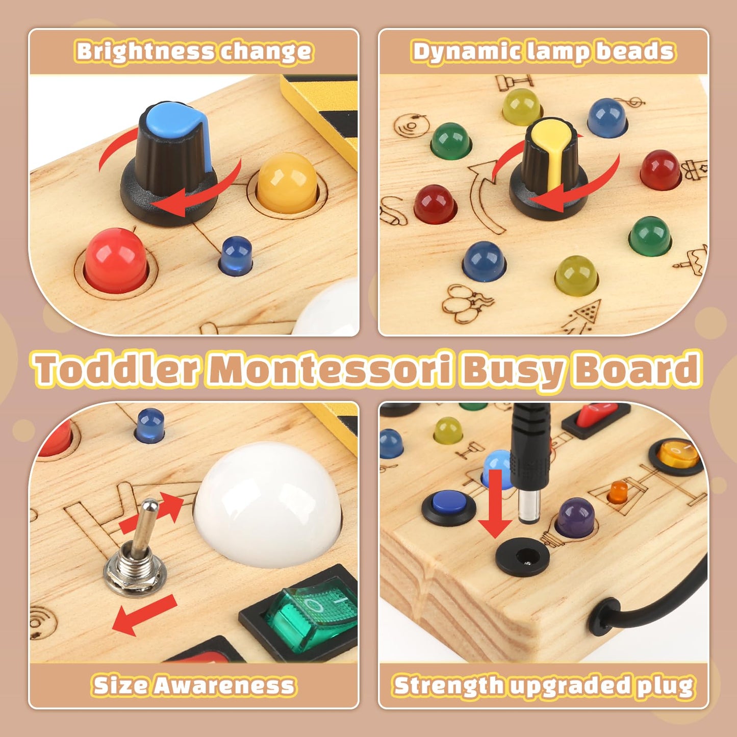Baby Montessori Busy Board for 2 years and up, motor skills toy with 19 LEDs, activity board wooden toy educational sensory toy, gift for boys and girls aged 2, 3, 4 years.