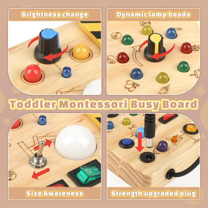 Baby Montessori Busy Board for 2 years and up, motor skills toy with 19 LEDs, activity board wooden toy educational sensory toy, gift for boys and girls aged 2, 3, 4 years.