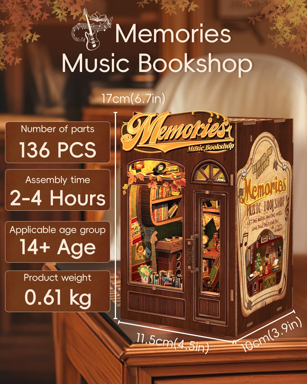 CUTEBEE Book Nook Kit - DIY dollhouse miniature house build yourself bookend library bookshelf decoration 3D wooden puzzle bookends book lover gifts for adults (Memories Music Bookshop)