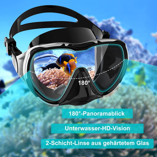 Adult Diving Mask Snorkel Set 180° Panoramic View Leak-proof Anti-leak Swimming Goggles for Diving (Silver-Black-with Snorkel)