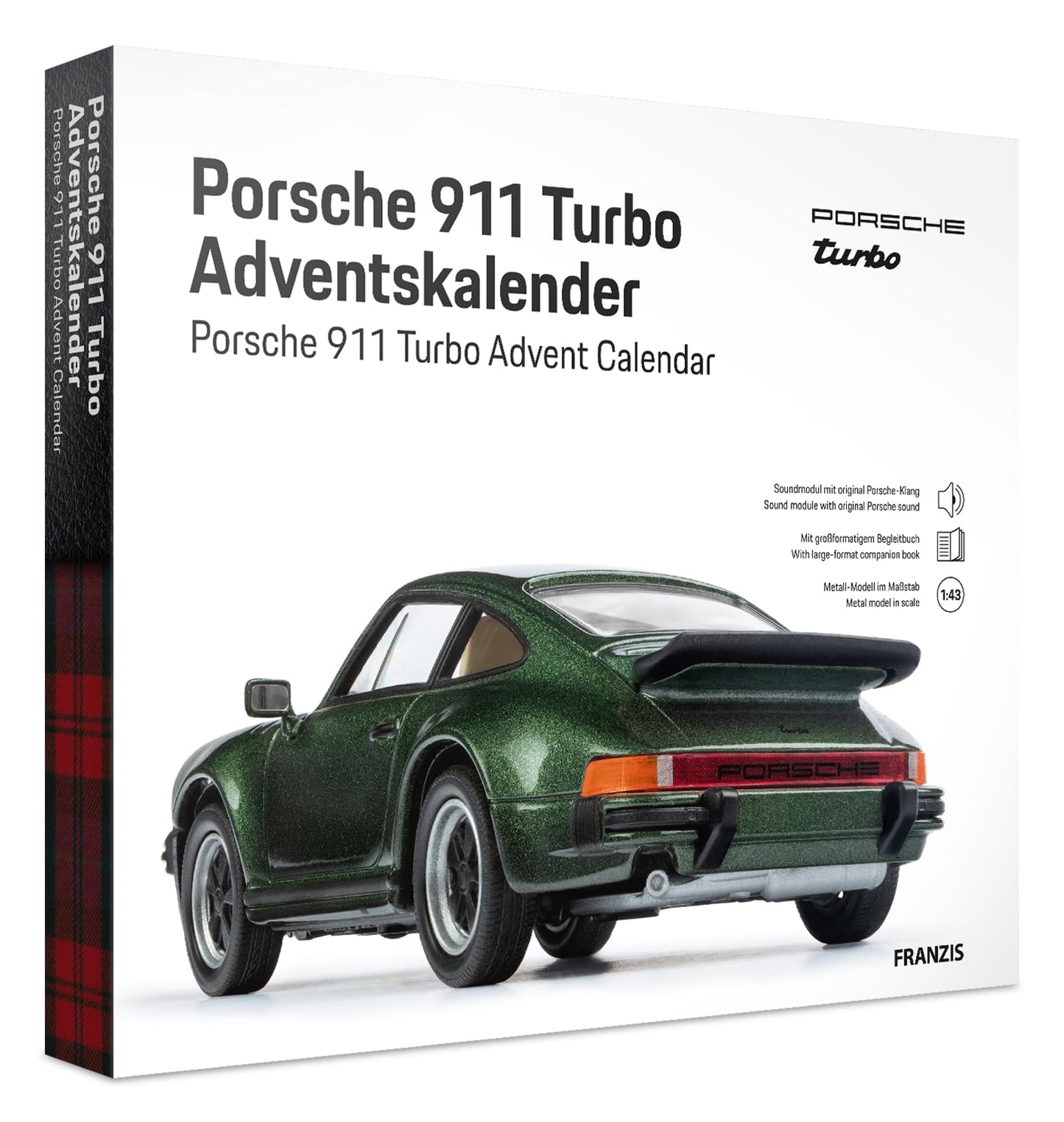 FRANZIS 55109 - Porsche 911 Turbo Advent calendar light green, metal model kit in 1:43 scale, including sound module and 52-page companion book.