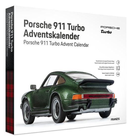 FRANZIS 55109 - Porsche 911 Turbo Advent calendar light green, metal model kit in 1:43 scale, including sound module and 52-page companion book.
