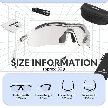 ROCKBROS self-tinting cycling glasses sunglasses for men/women with UV 400 and headband for eyeglass wearers. Ideal for outdoor activities like running and mountain biking. Transparent lenses.