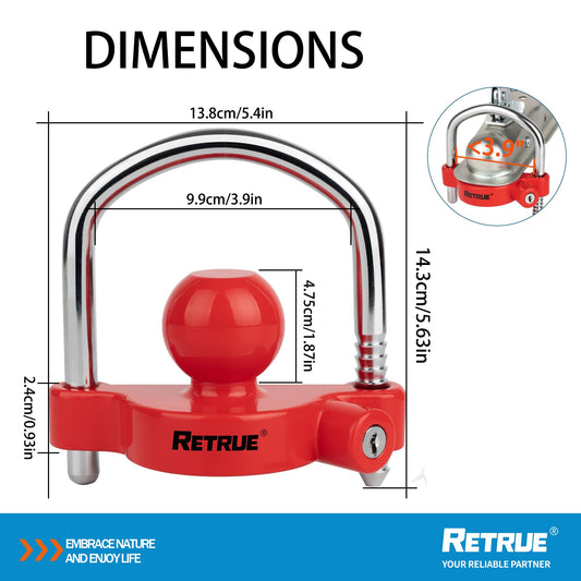 RETRUE Trailer hitch lock, theft protection for common trailer couplings, trailer ball lock coupling lock. Trailer security lock with 2 keys, red.