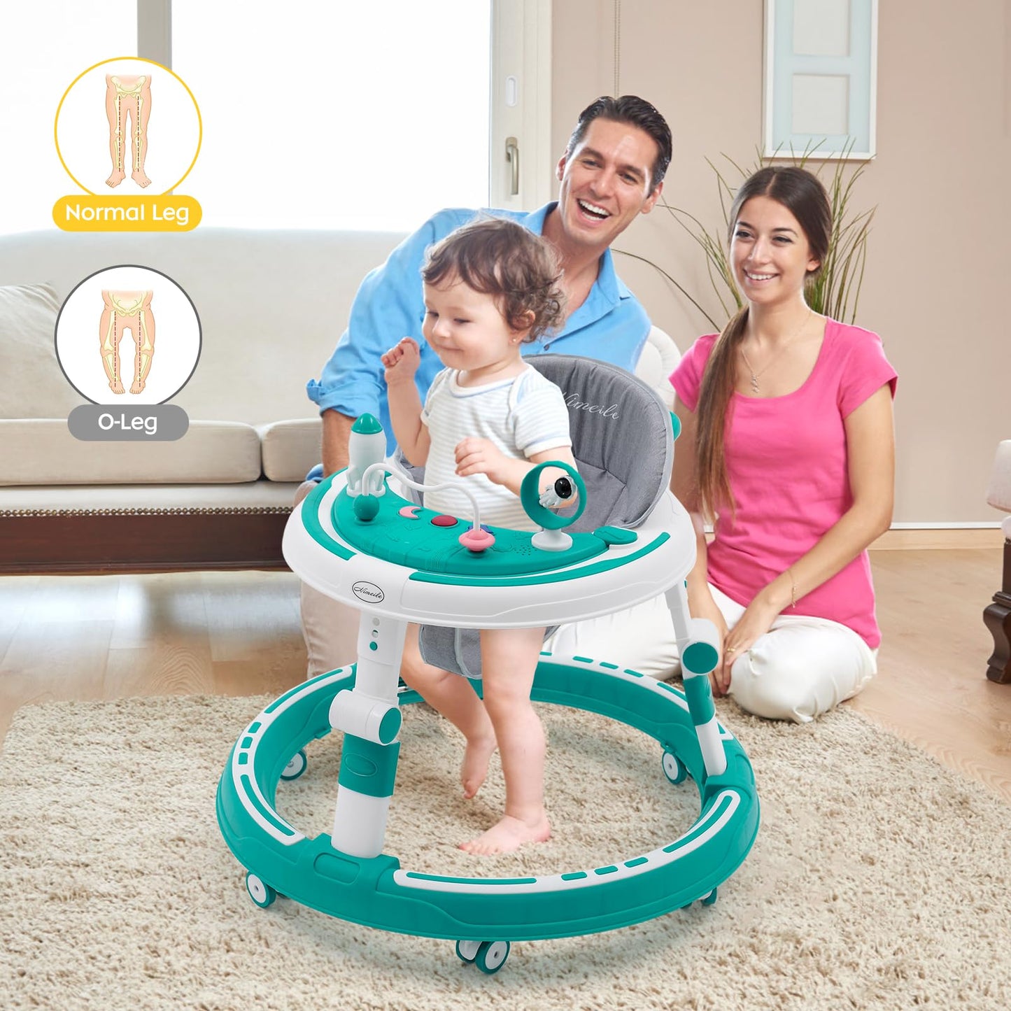 3 in 1 baby walker, height adjustable & foldable, with over-rolling walking wheels, stable tray, and toy center. Suitable for babies from 6 months old. (Blue)