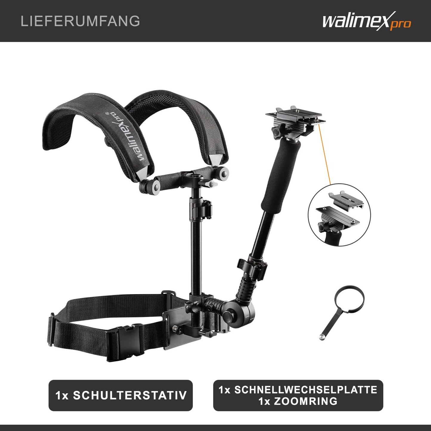 Walimex Pro Video Shoulder Rig for Camera & Camcorder - Ergonomic, Adjustable & Comfortable - Ideal for Extended Photography and Filming Sessions - Includes Quick Release Plate & Zoom Ring