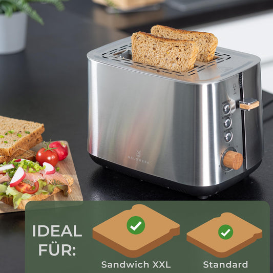 FORESTWORK Design Toaster - made of 304 stainless steel and oak wood - for 2 slices - with bun warming rack - with extra wide and deep toast slots - with crumb tray
