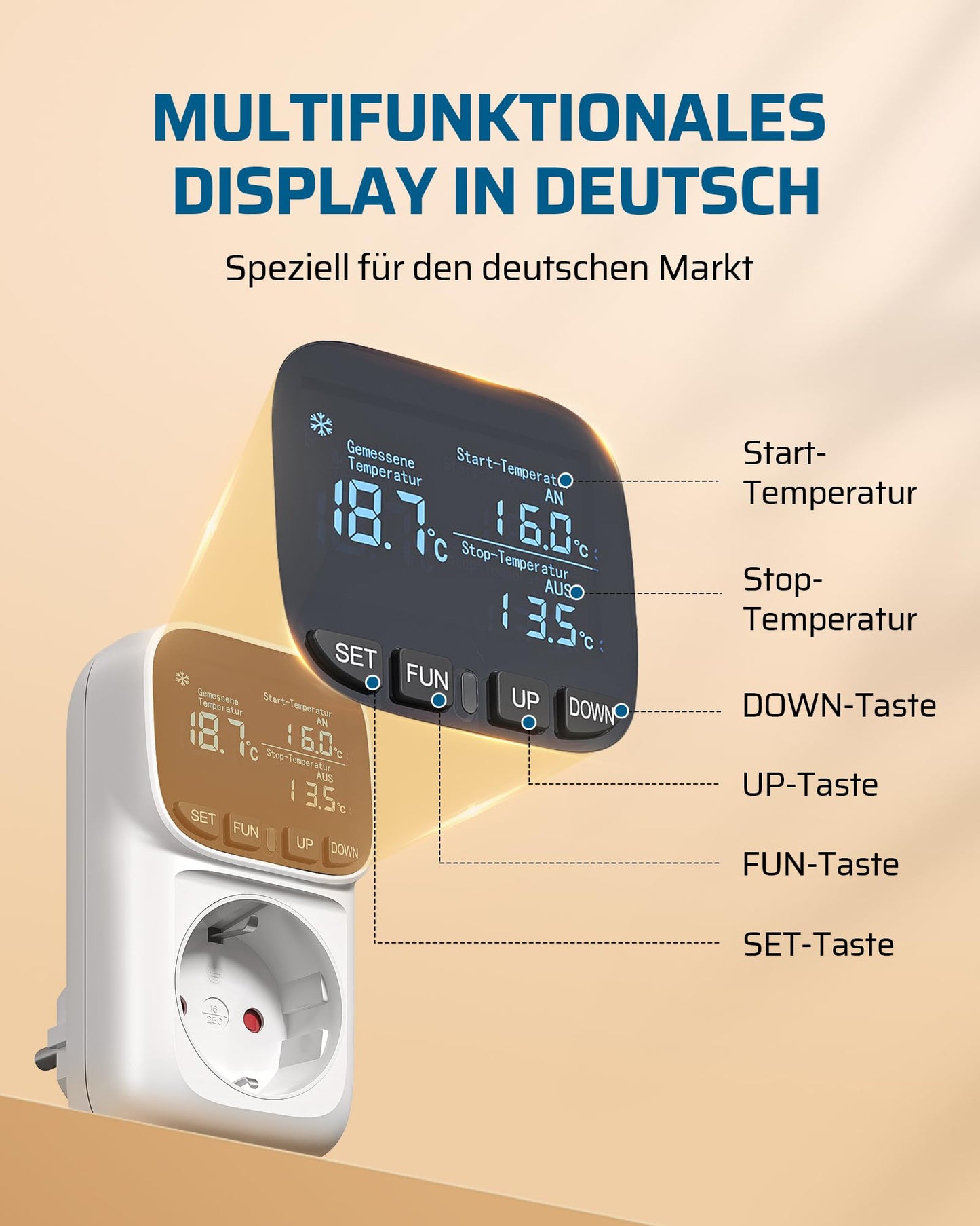 DEWENWILS Temperature controller, German display, Temperature switch with sensor 230V, Digital thermostat outlet, Temperature monitor with heating and cooling modes for greenhouse, terrarium, refrigerator.