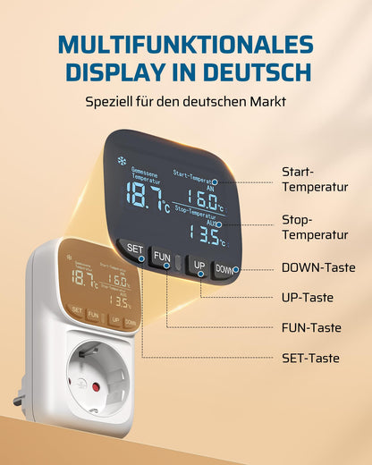 DEWENWILS Temperature controller, German display, Temperature switch with sensor 230V, Digital thermostat outlet, Temperature monitor with heating and cooling modes for greenhouse, terrarium, refrigerator.