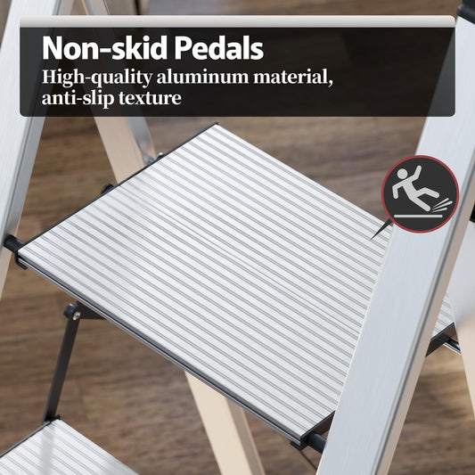 KINGRACK Folding Step Ladder, 5 Steps, with Handrail, Non-Slip Household Ladder, Locking Mechanism, Aluminum Step Stool, Max Load 150 kg.