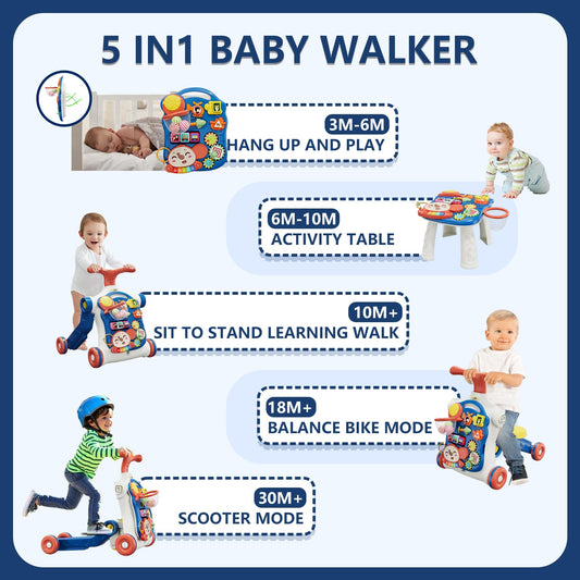 HYES 5 in 1 walker, baby play and walking aid with music and detachable playboard, baby walker toy, for children from 3-30+ months, blue
