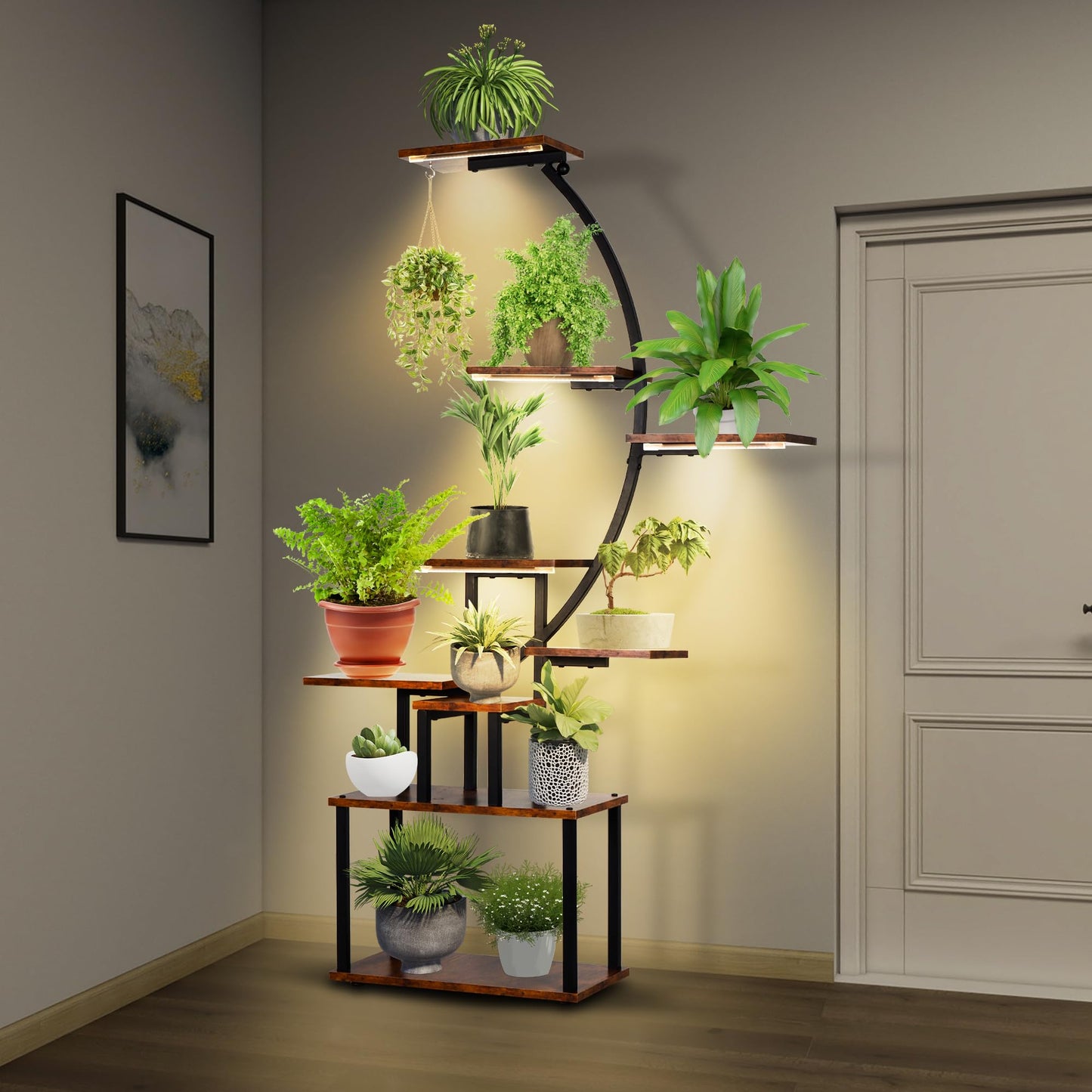 REAWOW Large Flower Stairs with Plant Lamp, 9-Tier Metal Plant Stand for Multiple Plants Wooden Plant Shelf for Indoor Plants, Living Room, Patio, Balcony