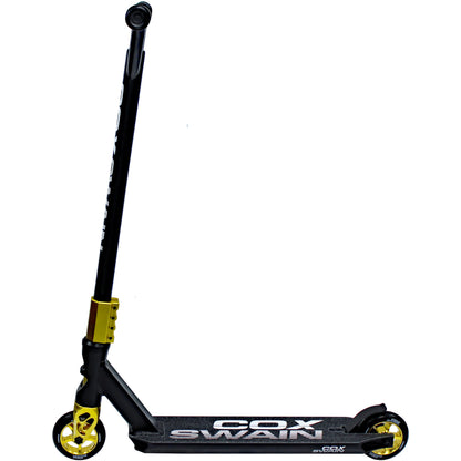 Cox Swain Stunt Scooter X-385, SCS compression, CNC fork, 100mm PU/aluminum wheels, ABEC 9, for kids + adults, beginners + pros, super stable - black/gold